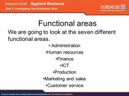 © Pearson Education 2009. Copying permitted for purchasing institution only. This material is not copyright free. Functional areas Unit 1: Investigating.