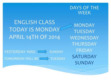 ENGLISH CLASS TODAY IS MONDAY APRIL 14TH OF 2014 DAYS OF THE WEEK MONDAY TUESDAY WEDNESDAY THURSDAY FRIDAY SATURDAY SUNDAY TOMORROW WILL BE TUESDAY YESTERDAY.