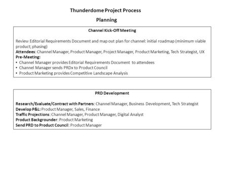 Thunderdome Project Process Planning Channel Kick-Off Meeting Review Editorial Requirements Document and map out plan for channel: initial roadmap (minimum.