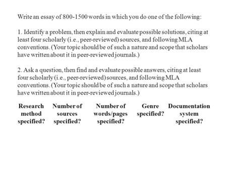 Write an essay of 800-1500 words in which you do one of the following: 1. Identify a problem, then explain and evaluate possible solutions, citing at least.