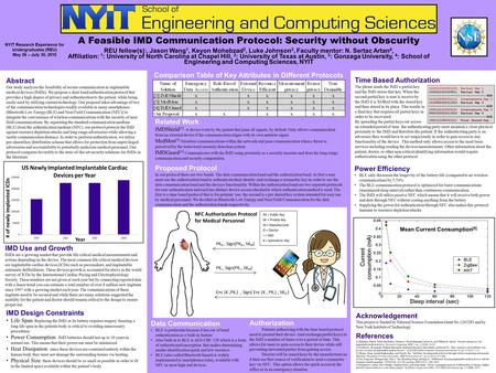 A Feasible IMD Communication Protocol: Security without Obscurity REU fellow(s):, Jason Wang 1, Keyon Mohebzad 2, Luke Johnson 3, Faculty mentor: N. Sertac.