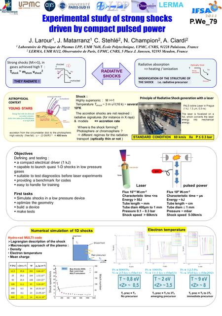 Experimental study of strong shocks driven by compact pulsed power J. Larour 1, J. Matarranz 1, C. Stehlé 2, N. Champion 2, A. Ciardi 2 1 Laboratoire de.