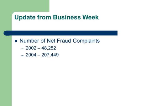 Update from Business Week Number of Net Fraud Complaints – 2002 – 48,252 – 2004 – 207,449.