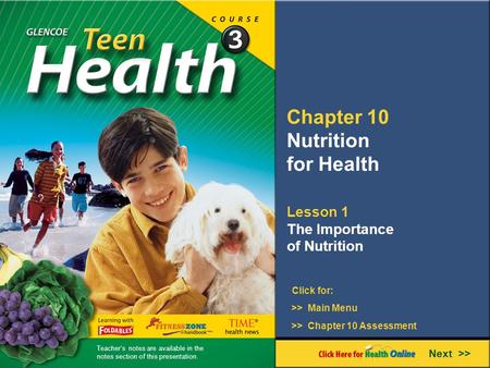 Chapter 10 Nutrition for Health Lesson 1 The Importance of Nutrition