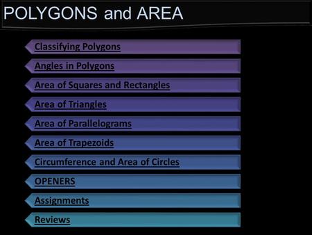 POLYGONS and AREA Classifying Polygons Angles in Polygons