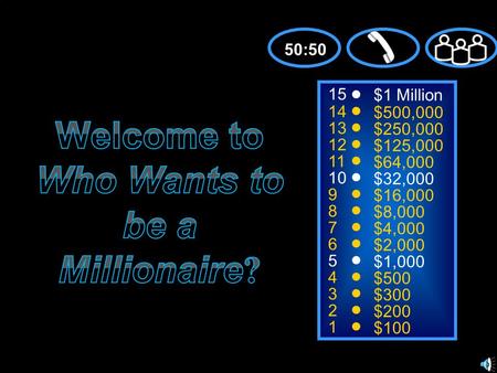 15 14 13 12 11 10 9 8 7 6 5 4 3 2 1 $1 Million $500,000 $250,000 $125,000 $64,000 $32,000 $16,000 $8,000 $4,000 $2,000 $1,000 $500 $300 $200 $100 50:50.