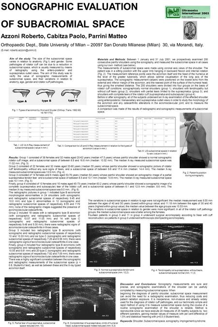 SONOGRAPHIC EVALUATION OF SUBACROMIAL SPACE Azzoni Roberto, Cabitza Paolo, Parrini Matteo Orthopaedic Dept., State University of Milan – 20097 San Donato.