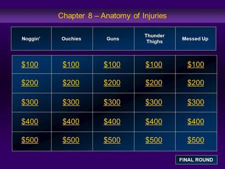 Chapter 8 – Anatomy of Injuries $100 $200 $300 $400 $500 $100$100$100 $200 $300 $400 $500 Noggin’ Ouchies Guns Thunder Thighs Messed Up FINAL ROUND.