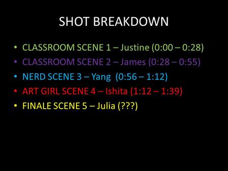 SHOT BREAKDOWN CLASSROOM SCENE 1 – Justine (0:00 – 0:28) CLASSROOM SCENE 2 – James (0:28 – 0:55) NERD SCENE 3 – Yang (0:56 – 1:12) ART GIRL SCENE 4 – Ishita.