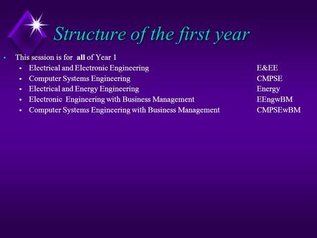 Structure of the first year  This session is for all of Year 1  Electrical and Electronic Engineering E&EE  Computer Systems EngineeringCMPSE  Electrical.