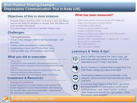 Best Practice Sharing Example : Disposables Communication Trial in Asda (UK) Objectives of this in store initiative: Persuade Asda to add Disposable messaging.