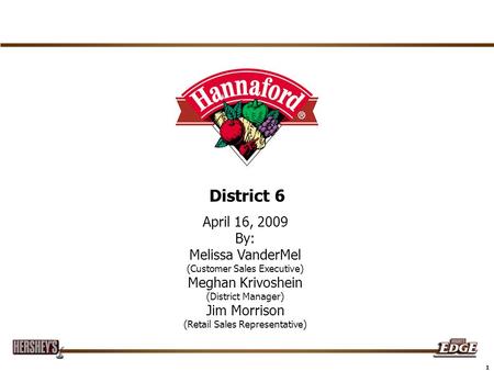 1 District 6 April 16, 2009 By: Melissa VanderMel (Customer Sales Executive) Meghan Krivoshein (District Manager) Jim Morrison (Retail Sales Representative)