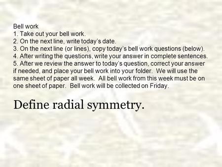 Bell work 1. Take out your bell work. 2. On the next line, write today’s date. 3. On the next line (or lines), copy today’s bell work questions (below).