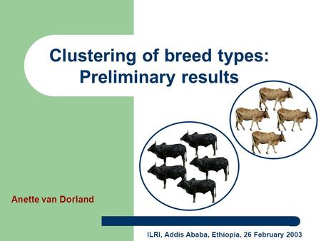 Anette van Dorland ILRI, Addis Ababa, Ethiopia, 26 February 2003 Clustering of breed types: Preliminary results.