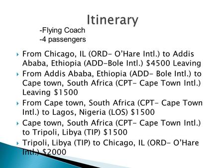  From Chicago, IL (ORD- O’Hare Intl.) to Addis Ababa, Ethiopia (ADD-Bole Intl.) $4500 Leaving  From Addis Ababa, Ethiopia (ADD- Bole Intl.) to Cape town,