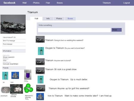 Facebook Titanium WallPhotosFlairBoxesTitaniumLogout View photos of Ti (5) Send TI a message Poke message Wall InfoPhotosBoxes Write something… Share Information.
