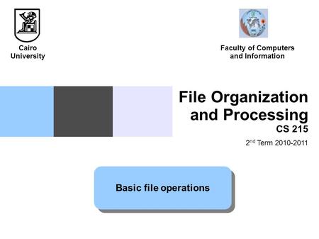 File Organization and Processing CS 215 2 nd Term 2010-2011 Basic file operations Cairo University Faculty of Computers and Information.