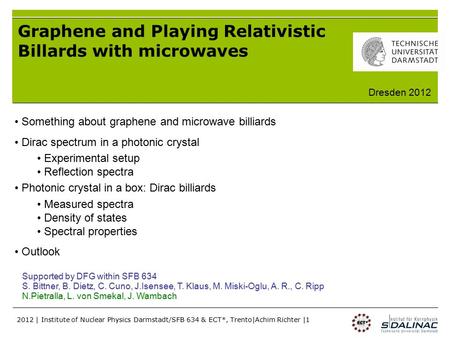 2012 | Institute of Nuclear Physics Darmstadt/SFB 634 & ECT*, Trento|Achim Richter |1 Graphene and Playing Relativistic Billards with microwaves Something.