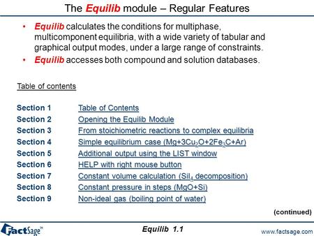 The Equilib module – Regular Features