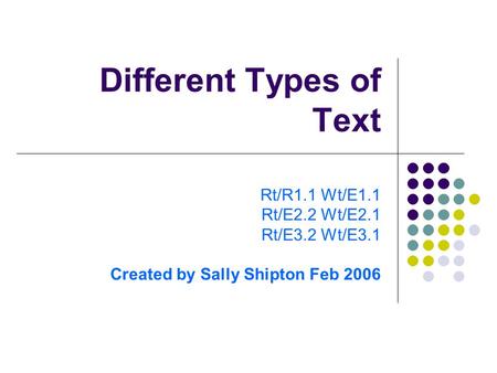 Different Types of Text Rt/R1.1 Wt/E1.1 Rt/E2.2 Wt/E2.1 Rt/E3.2 Wt/E3.1 Created by Sally Shipton Feb 2006.