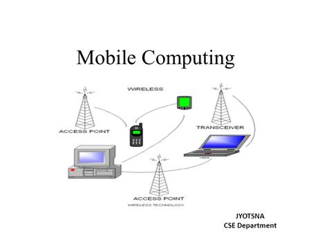 Mobile Computing JYOTSNA CSE Department. Mobile and Wireless Mobile: There are two different types of mobility: user mobility and device mobility User.