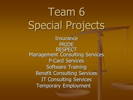 Team 6 Special Projects InsurancePRIDERESPECT Management Consulting Services P-Card Services Software Training Benefit Consulting Services IT Consulting.