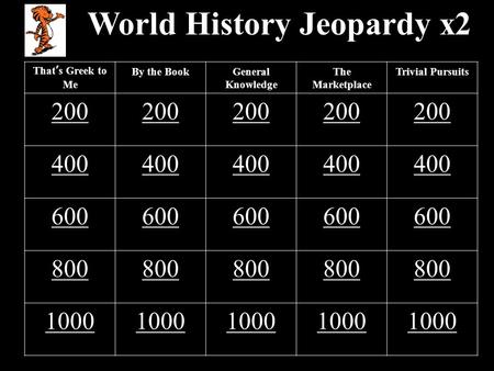 World History Jeopardy x2 That’s Greek to Me By the BookGeneral Knowledge The Marketplace Trivial Pursuits 200 400 600 800 1000.