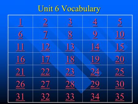 Unit 6 Vocabulary 1111 2222 3333 4444 5555 6666 7777 8888 9999 10 11 12 13 14 15 16 17 18 19 20 21 22 23 24 25 26 27 28 29 30 31 32 33 34 35.