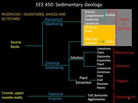 1 Breccia Conglomerate Diamictite Sandstone Siltstone Shale New Clay Minerals Shale Clastic or Detrital Limestone Chert Diatomite Biochemical Evaporites.