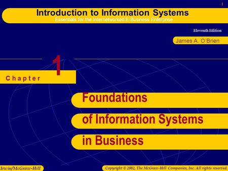 Eleventh Edition 1 Introduction to Information Systems Essentials for the Internetworked E-Business Enterprise Irwin/McGraw-Hill Copyright © 2002, The.