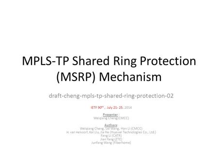 MPLS-TP Shared Ring Protection (MSRP) Mechanism