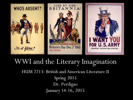 WWI and the Literary Imagination HUM 2213: British and American Literature II Spring 2015 Dr. Perdigao January 14-16, 2015.