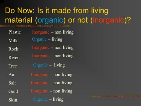 Do Now: Is it made from living material (organic) or not (inorganic)? Plastic Milk Rock River Tree Air Salt Gold Skin Inorganic – non living Organic –