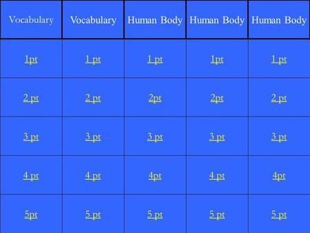 2 pt 3 pt 4 pt 5pt 1 pt 2 pt 3 pt 4 pt 5 pt 1 pt 2pt 3 pt 4pt 5 pt 1pt 2pt 3 pt 4 pt 5 pt 1 pt 2 pt 3 pt 4pt 5 pt 1pt Vocabulary Human Body.