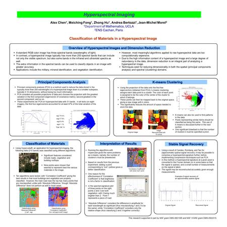 Hyperspectral Imaging Alex Chen 1, Meiching Fong 1, Zhong Hu 1, Andrea Bertozzi 1, Jean-Michel Morel 2 1 Department of Mathematics, UCLA 2 ENS Cachan,