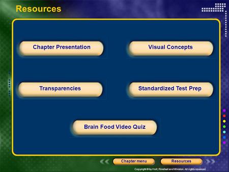 Copyright © by Holt, Rinehart and Winston. All rights reserved. ResourcesChapter menu Chapter Presentation TransparenciesStandardized Test Prep Visual.