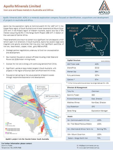 Apollo Minerals Limited Iron ore and base metals in Australia and Africa Apollo Minerals (ASX: AON) is a minerals exploration company focused on identification,