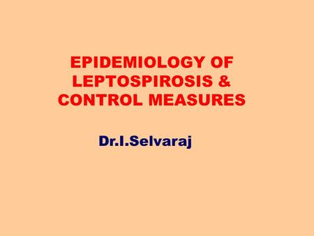 EPIDEMIOLOGY OF LEPTOSPIROSIS & CONTROL MEASURES Dr.I.Selvaraj.