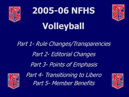 2005-06 NFHS Volleyball Part 1- Rule Changes/Transparencies Part 2- Editorial Changes Part 3- Points of Emphasis Part 4- Transitioning to Libero Part 5-