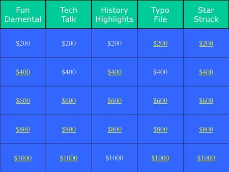 Fun Damental Tech Talk History Highlights Typo File Star Struck $400 $600 $800 $1000 $200 $400 $600 $800 $1000 $200 $400 $600 $800 $1000 $200 $400 $600.