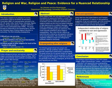 Religion and War, Religion and Peace: Evidence for a Nuanced Relationship Ian Hansen and Ara Norenzayan Department of Psychology, University of British.