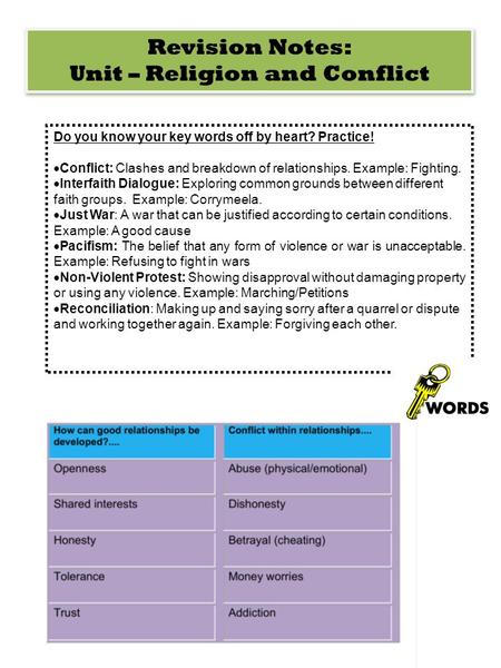 Revision Notes: Unit – Religion and Conflict Revision Notes: Unit – Religion and Conflict Do you know your key words off by heart? Practice!  Conflict: