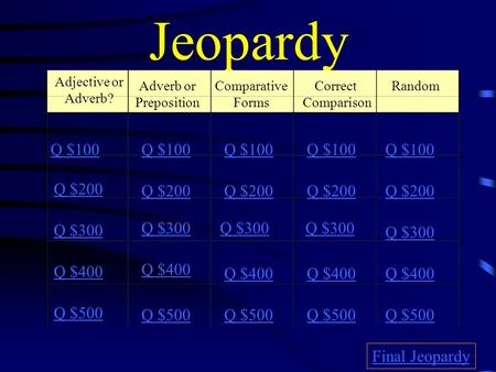 Jeopardy Adjective or Adverb? Adverb or Preposition ? Comparative Forms Correct Comparison Random Q $100 Q $200 Q $300 Q $400 Q $500 Q $100 Q $200 Q $300.