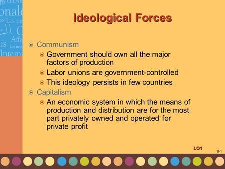 1-1 8-1 Ideological Forces  Communism  Government should own all the major factors of production  Labor unions are government-controlled  This ideology.