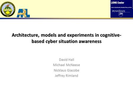 Architecture, models and experiments in cognitive- based cyber situation awareness David Hall Michael McNeese Nicklaus Giacobe Jeffrey Rimland.