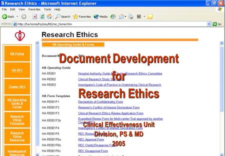 Document Development for Research Ethics Clinical Effectiveness Unit Division, PS & MD 2005.