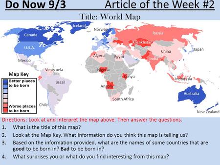 Directions: Look at and interpret the map above. Then answer the questions. 1.What is the title of this map? 2.Look at the Map Key. What information do.