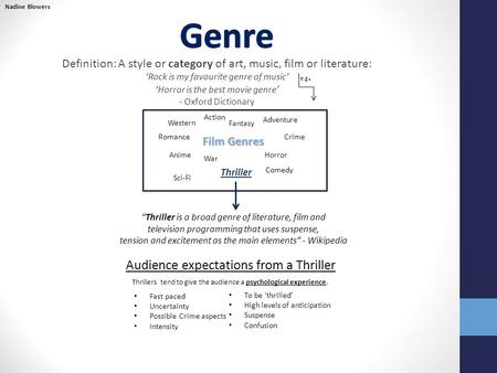 Definition: A style or category of art, music, film or literature: ‘Rock is my favourite genre of music’ ‘Horror is the best movie genre ’ - Oxford Dictionary.