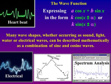 The Wave Function Heart beat Electrical Many wave shapes, whether occurring as sound, light, water or electrical waves, can be described mathematically.