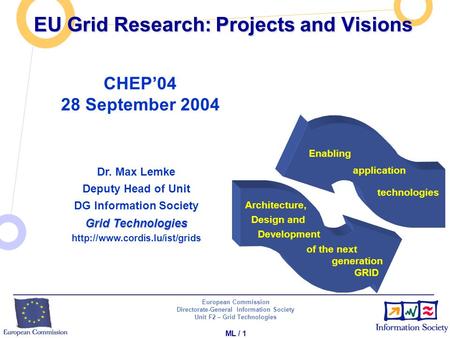 European Commission Directorate-General Information Society Unit F2 – Grid Technologies ML / 1 EU Grid Research: Projects and Visions Dr. Max Lemke Deputy.